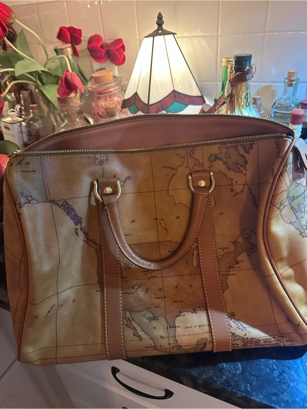 Alviero Martini Vintage Map-Print Tan Leather Travel bag Holdall
